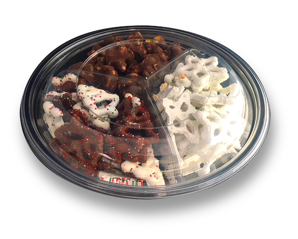 round plastic container with three compartments for chocolate covered pretzels