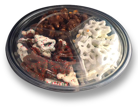 Container of three compartments of chocolate pretzels
