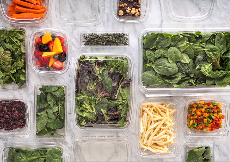 Rectangular container products with greens, fruits and vegetables