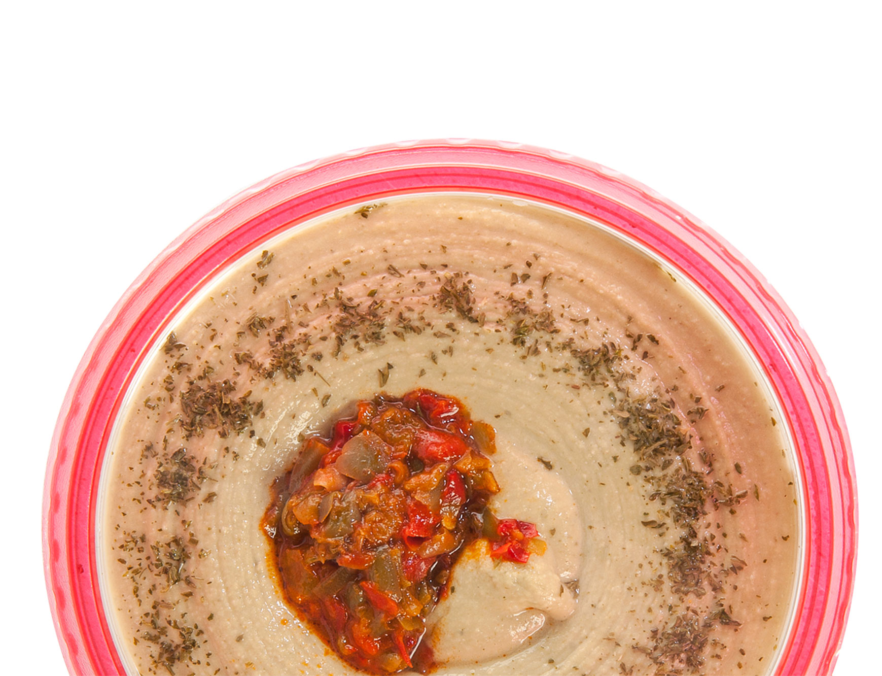 thermoformed plastic HPP container with hummus with sauteed vegetabled and spice on top